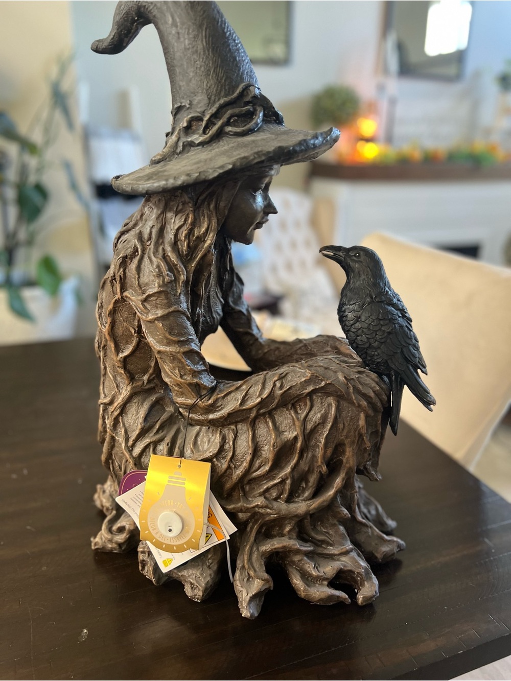 Bronze Witch Figurine with Black Crow – Decorative Home Accent